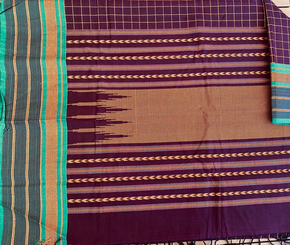 Kanjivaram Cotton Saree - Purple checks w/ Teal