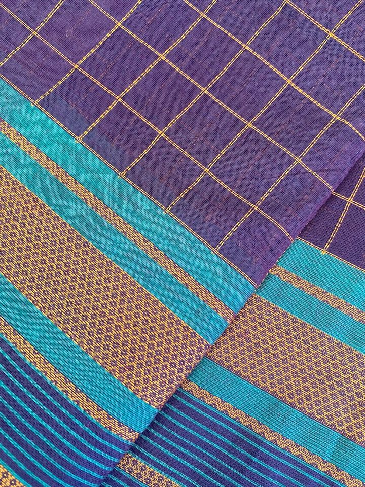 Kanjivaram Cotton Saree - Purple checks w/ Teal