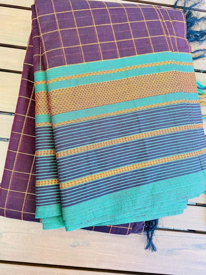 Kanjivaram Cotton Saree - Purple checks w/ Teal