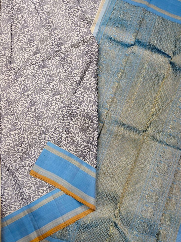 Kanjivaram Pure Silk Pure Zari Saree - Vanasingaram Sky blue