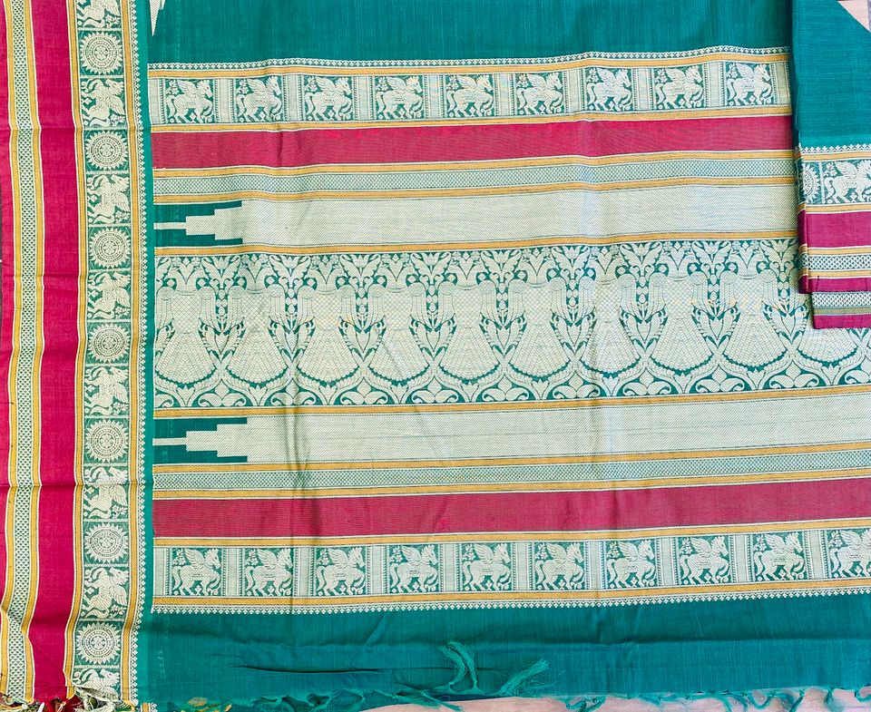 Kanjivaram Cotton Saree - Green w/ Red Parrot