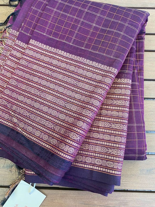 Kanjivaram Cotton Saree - Purple checks