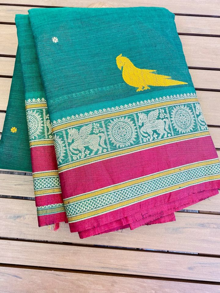 Kanjivaram Cotton Saree - Green w/ Red Parrot