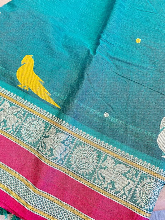 Kanjivaram Cotton Saree - Green w/ Red Parrot