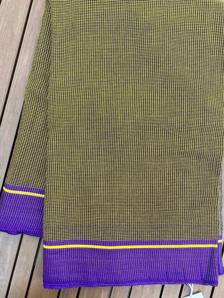 Patteda Anchu Handloom Saree - Black checks with Indigo border