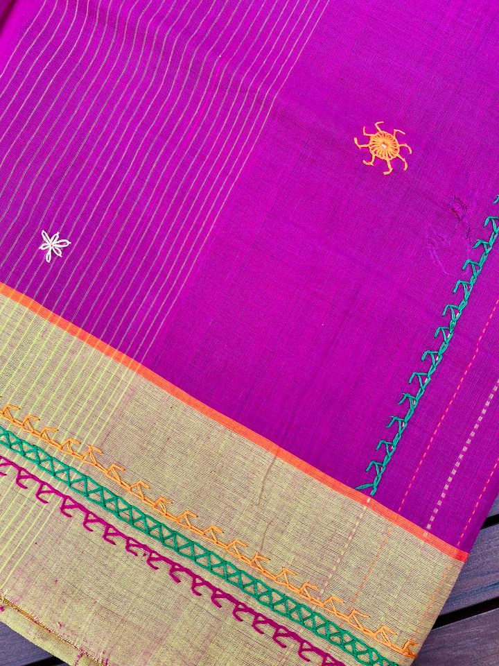 Khadi Saree w/ Lambani embroidery - Fuchsia/ Orange