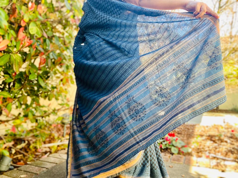 Khadi Saree w/ Bagru Hand block Print- Blue