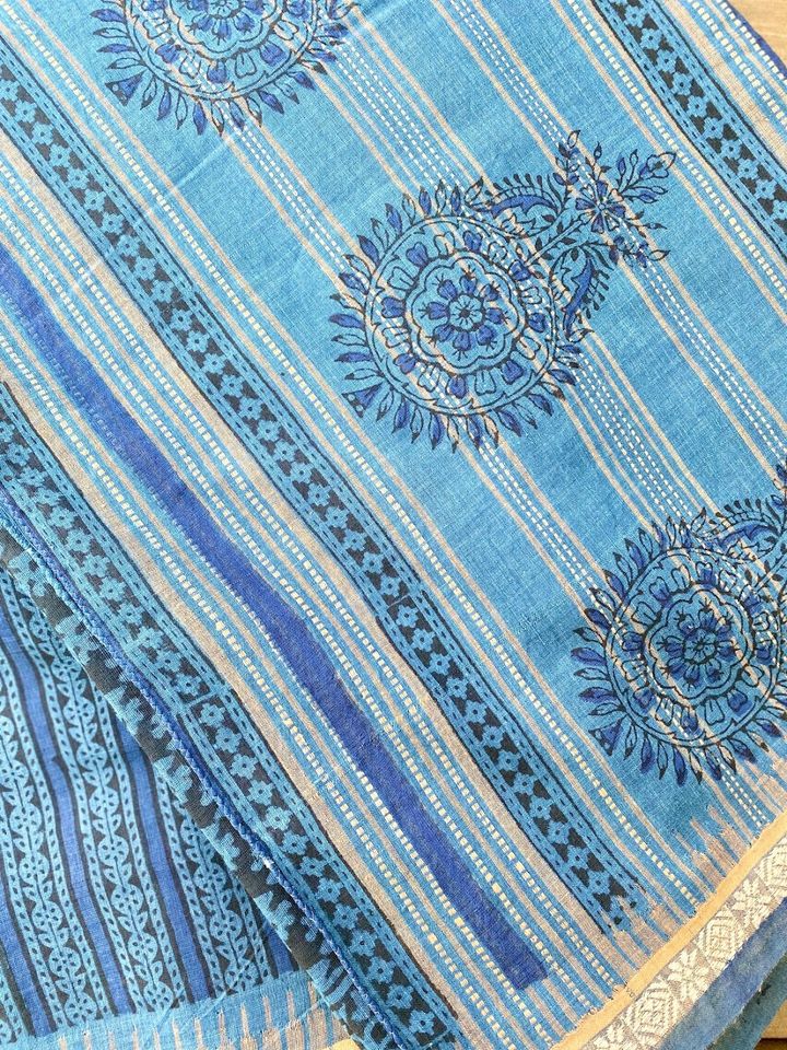 Khadi Saree w/ Bagru Hand block Print- Blue