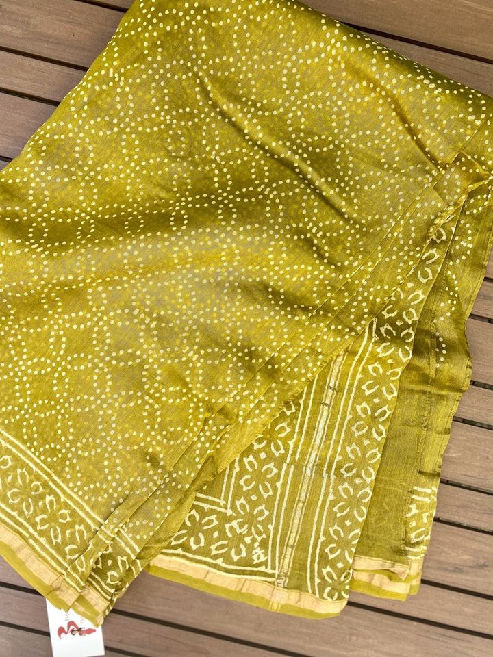 Chanderi Saree w/ Bagru Hand block Print- Green