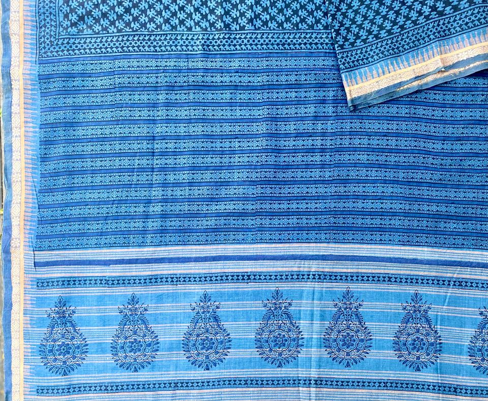 Khadi Saree w/ Bagru Hand block Print- Blue