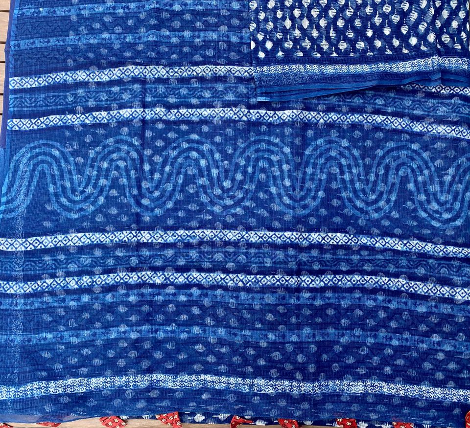 Kota Doria Saree w/ Bagru Hand block Print-Indigo