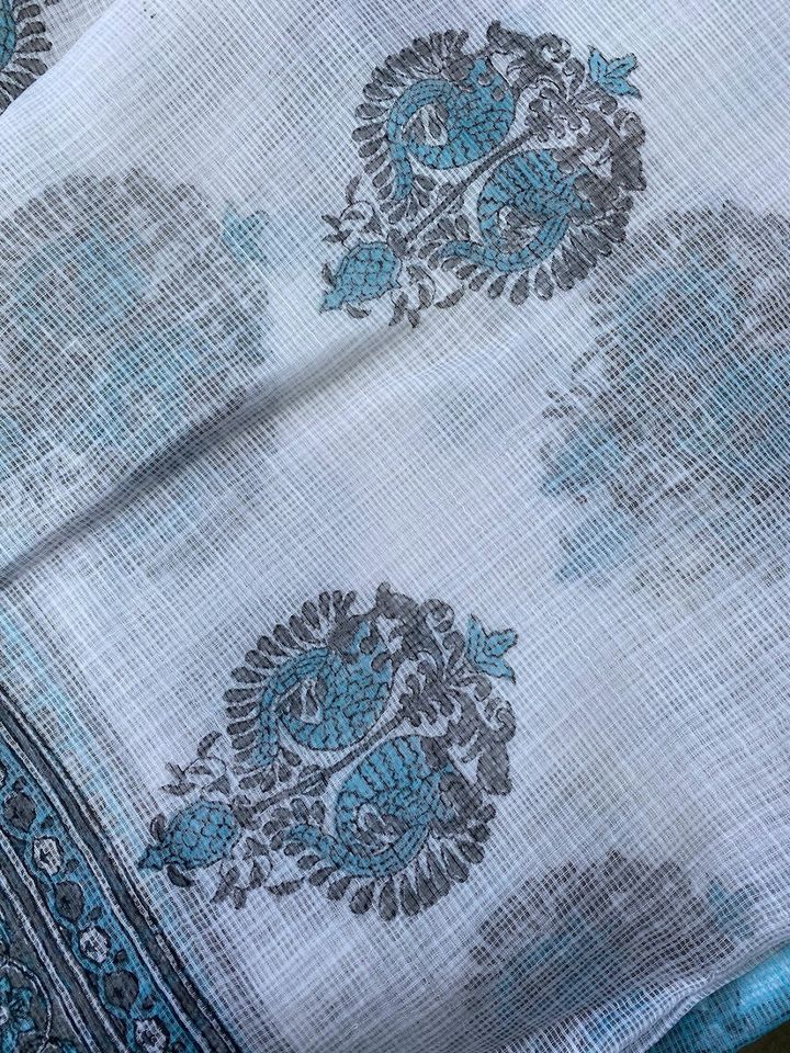 Kota Doria Saree w/ Bagru Hand block Print- White/ Light blue