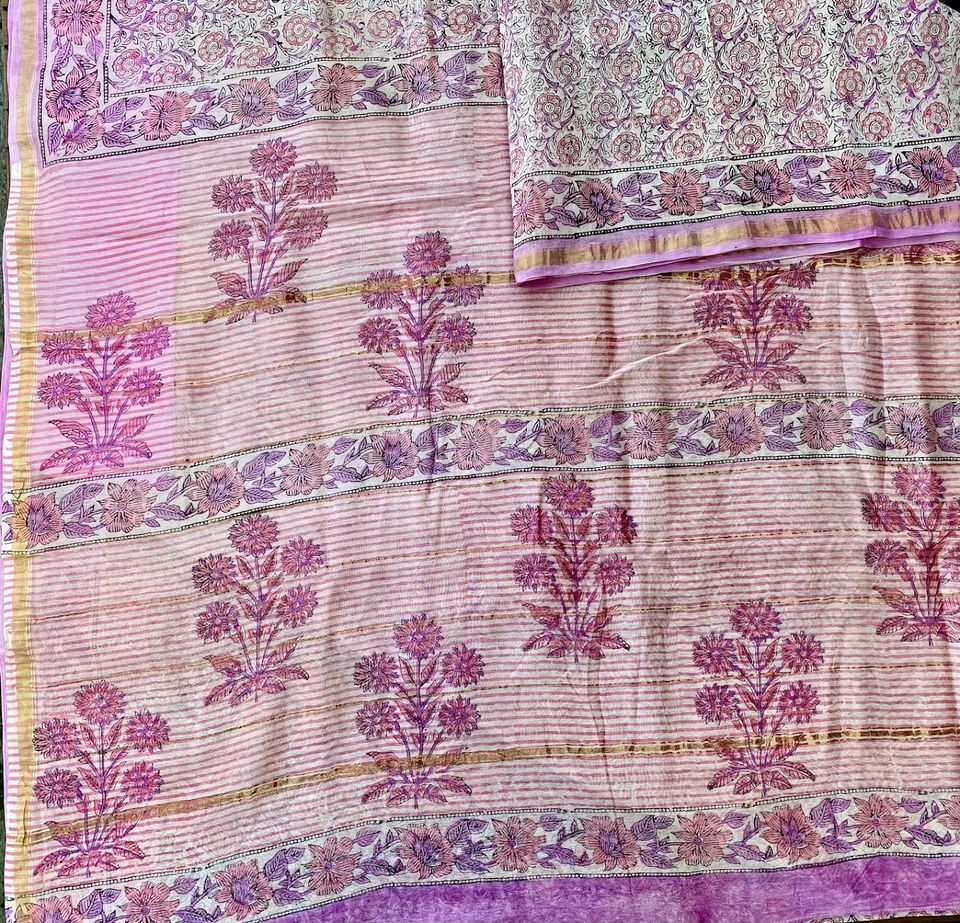 Chanderi Saree w/ Bagru Hand block Print- White/ Pink