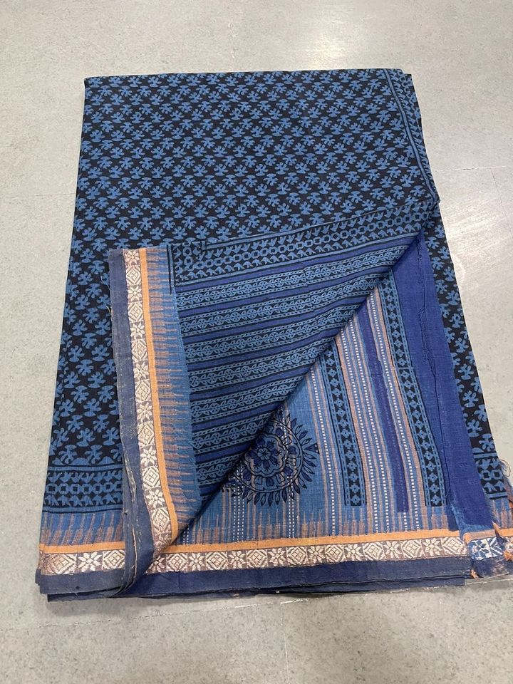 Khadi Saree w/ Bagru Hand block Print- Blue