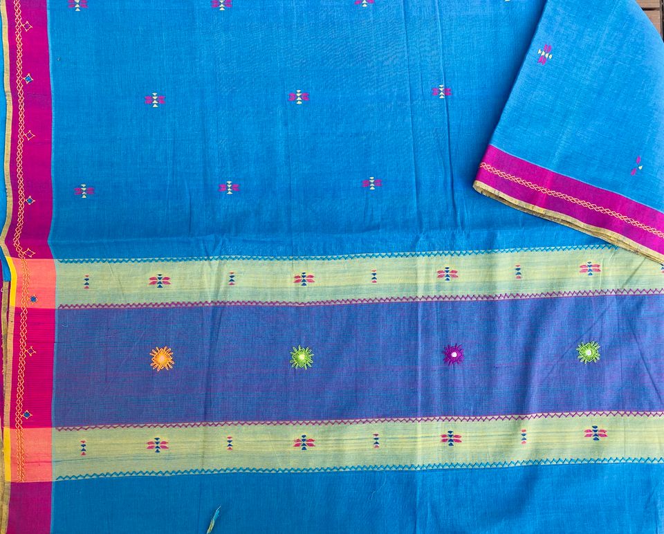 Khadi Saree w/ Lambani embroidery - Blue w/ Fuchsia