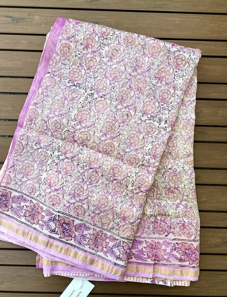 Chanderi Saree w/ Bagru Hand block Print- White/ Pink