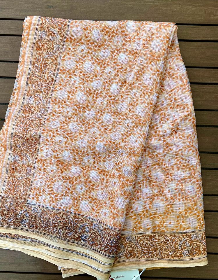 Kota Doria Saree w/ Bagru Hand block Print-Yellow