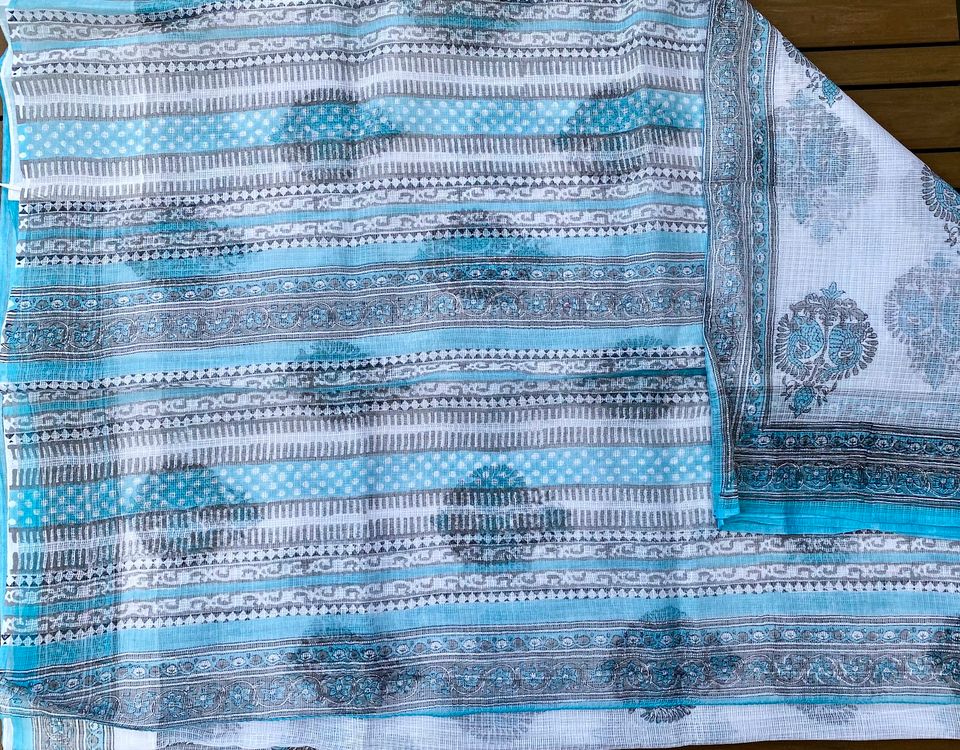 Kota Doria Saree w/ Bagru Hand block Print- White/ Light blue