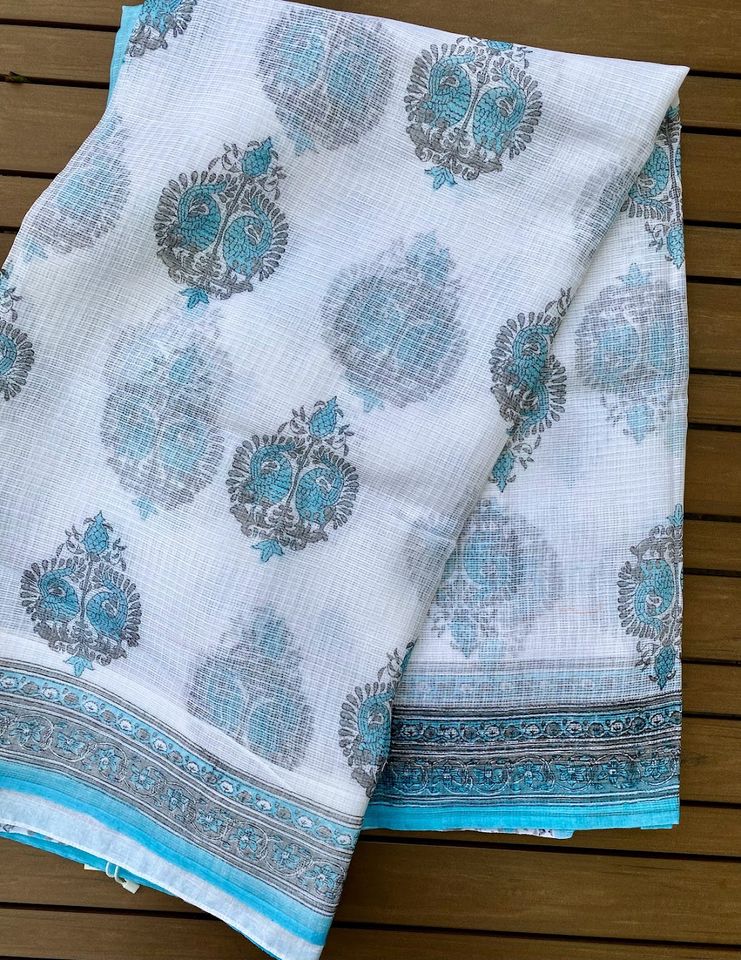 Kota Doria Saree w/ Bagru Hand block Print- White/ Light blue