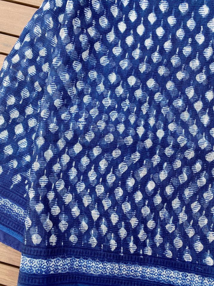 Kota Doria Saree w/ Bagru Hand block Print-Indigo