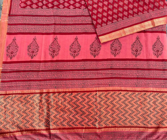 Mangalgiri Saree w/ Bagru Hand block Print- Red