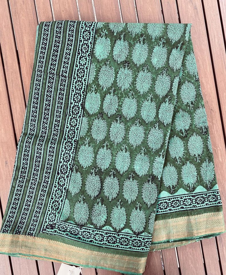 Mangalgiri Saree w/ Bagru Hand block Print- Green