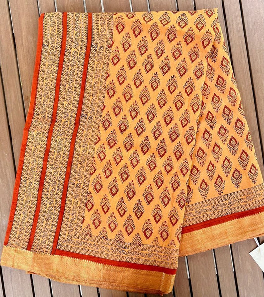 Mangalgiri Saree w/ Bagru Hand block Print- Orange