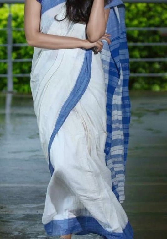 Muslin Jamdani Handloom Saree - White w/ Blue