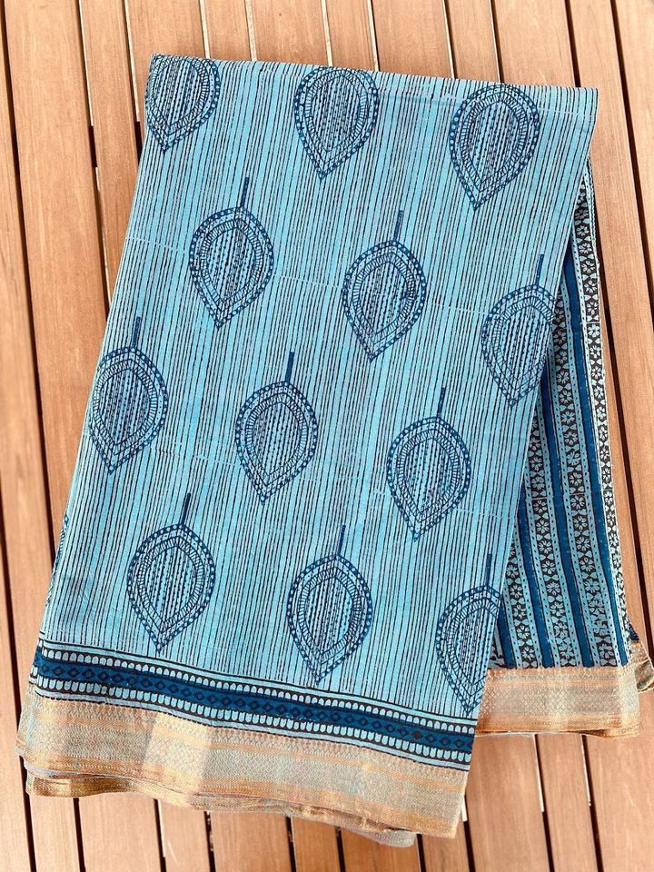 Mangalgiri Saree w/ Bagru Hand block Print- Blue