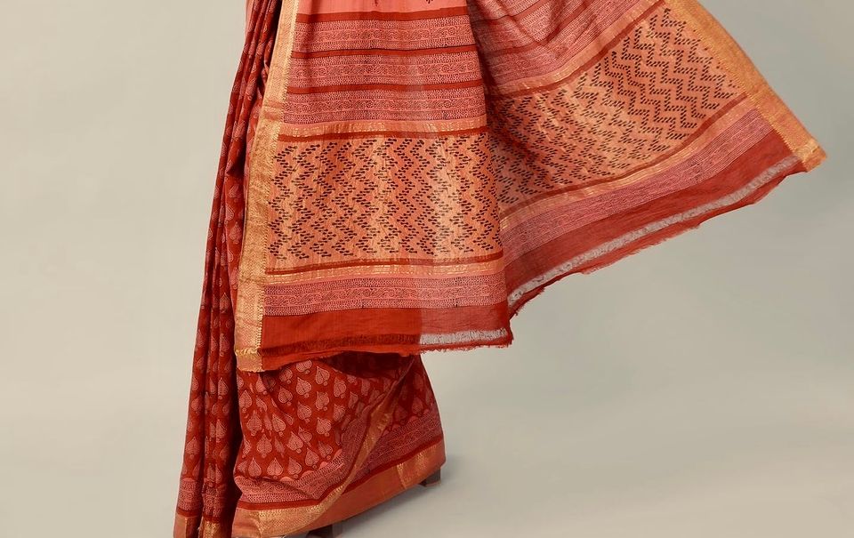 Mangalgiri Saree w/ Bagru Hand block Print- Red