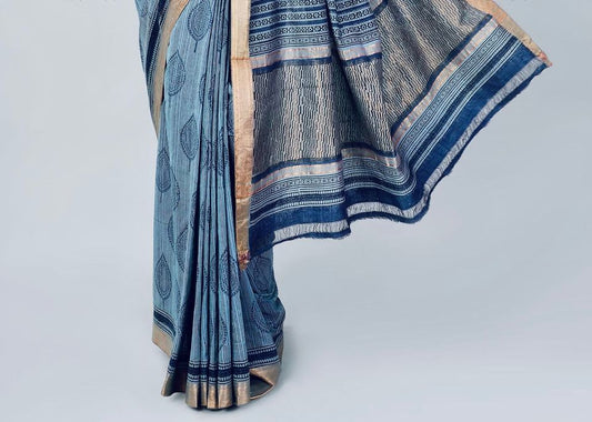 Mangalgiri Saree w/ Bagru Hand block Print- Blue