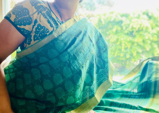 Mangalgiri Saree w/ Bagru Hand block Print- Green