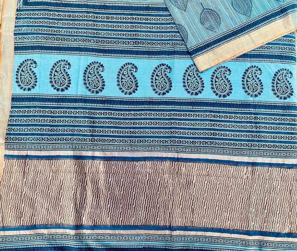 Mangalgiri Saree w/ Bagru Hand block Print- Blue