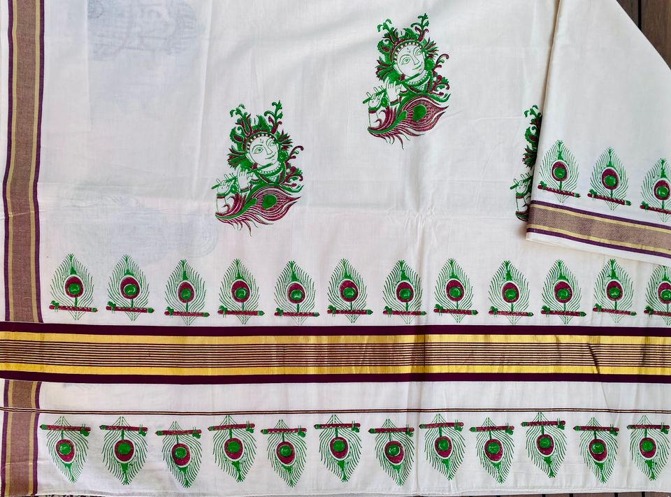 Kasavu Handloom Saree - Off White Hand block print