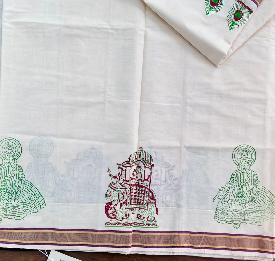 Kasavu Handloom Saree - Off White Hand block print