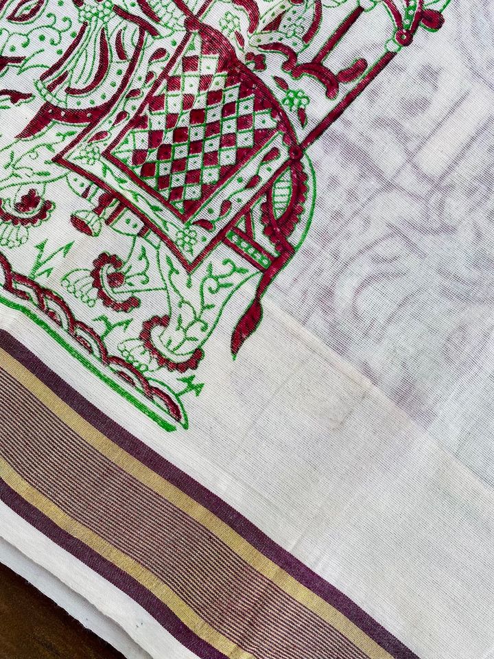 Kasavu Handloom Saree - Off White Hand block print