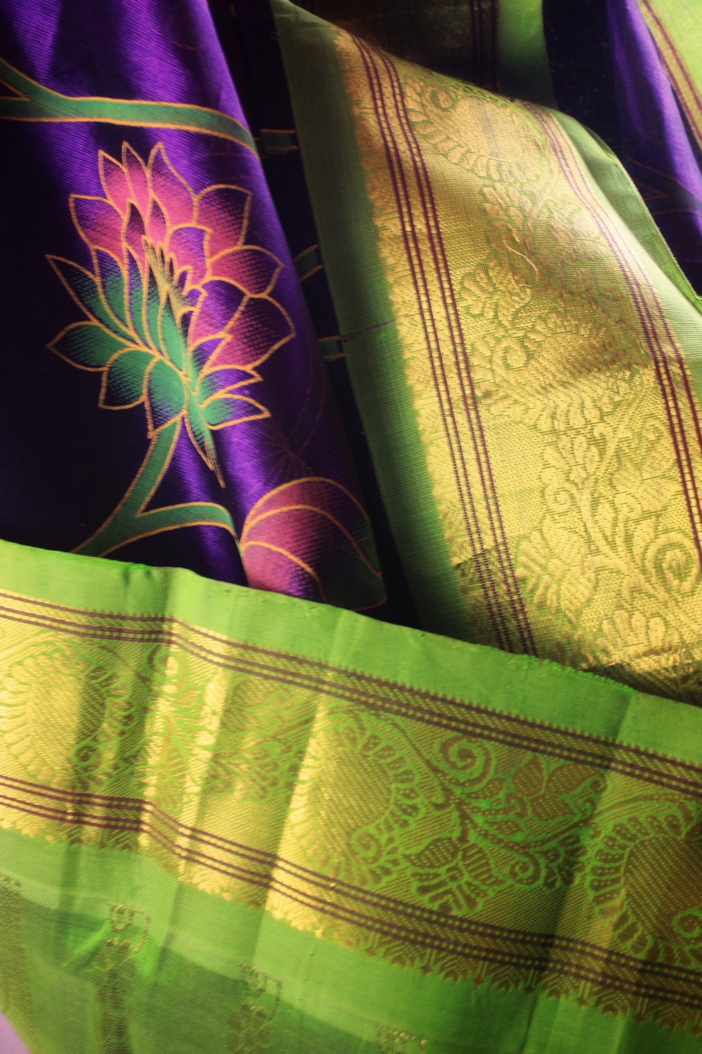 Kanjivaram Kalamkari Silk Cotton Saree Korvai Border - Purple w/ Light green-Lotus