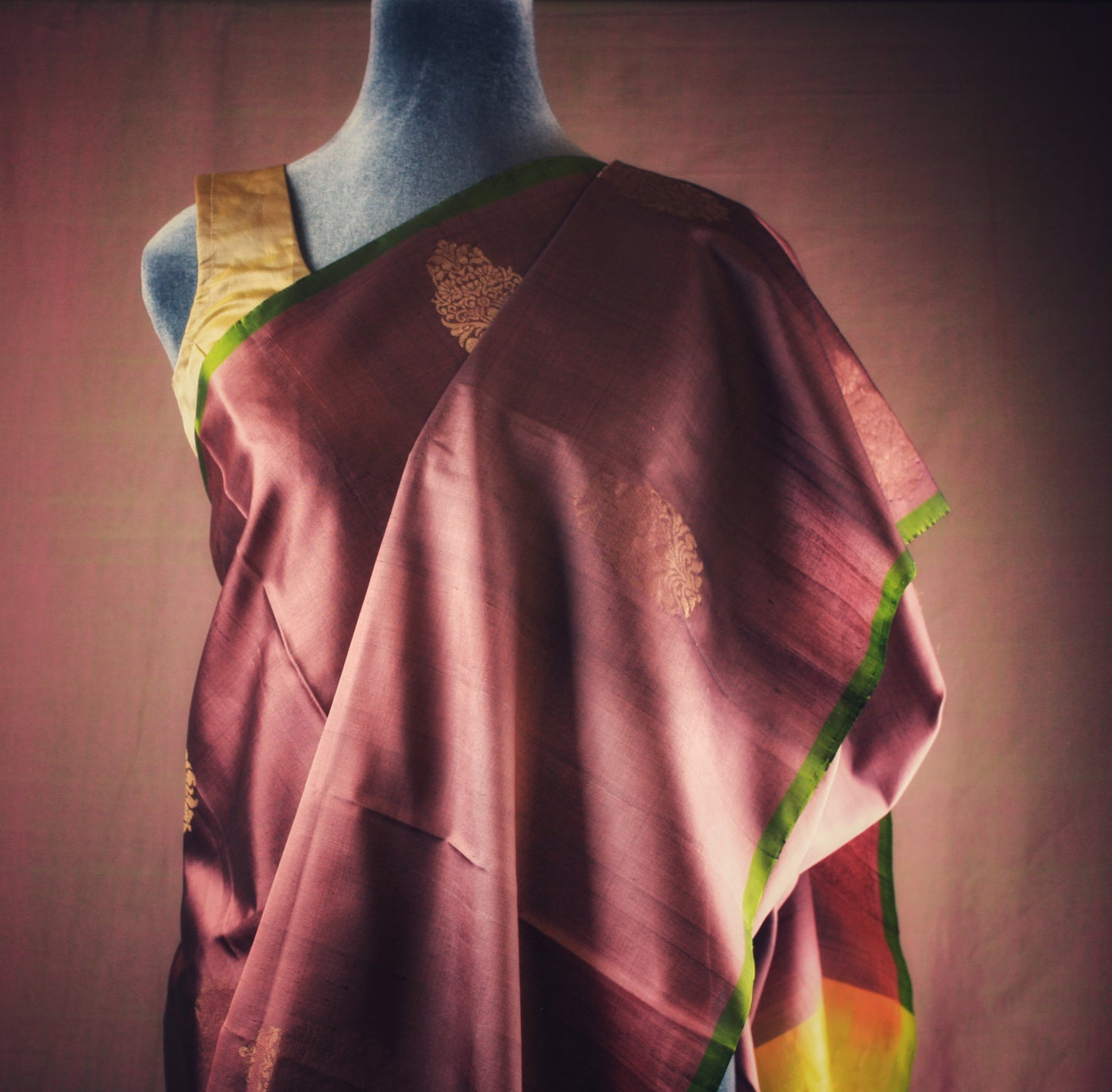 Venkatagiri Silk Saree - Rose Taupe w/ Lime green