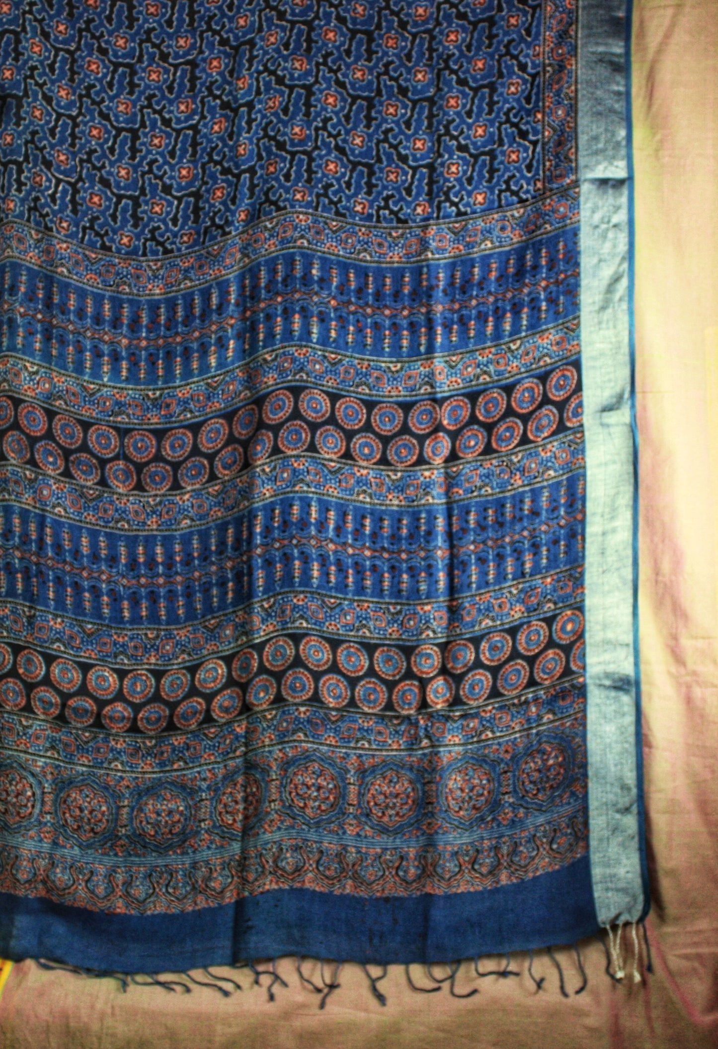 Ajrakh Hand Block Print Linen Saree - Indigo