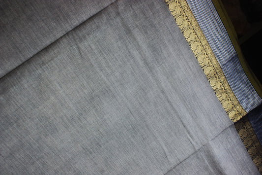 Chettinad Handloom Saree - Pastel Gray w/ Silver Gold zari border