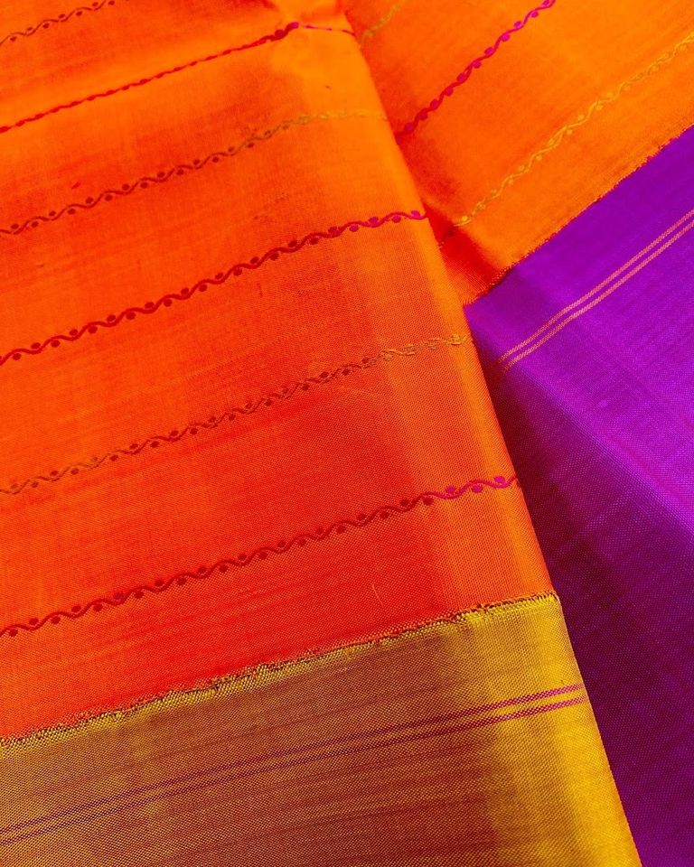 Kanjivaram Pure Silk Veldhari Saree - Orange w/ Mustard, Pink