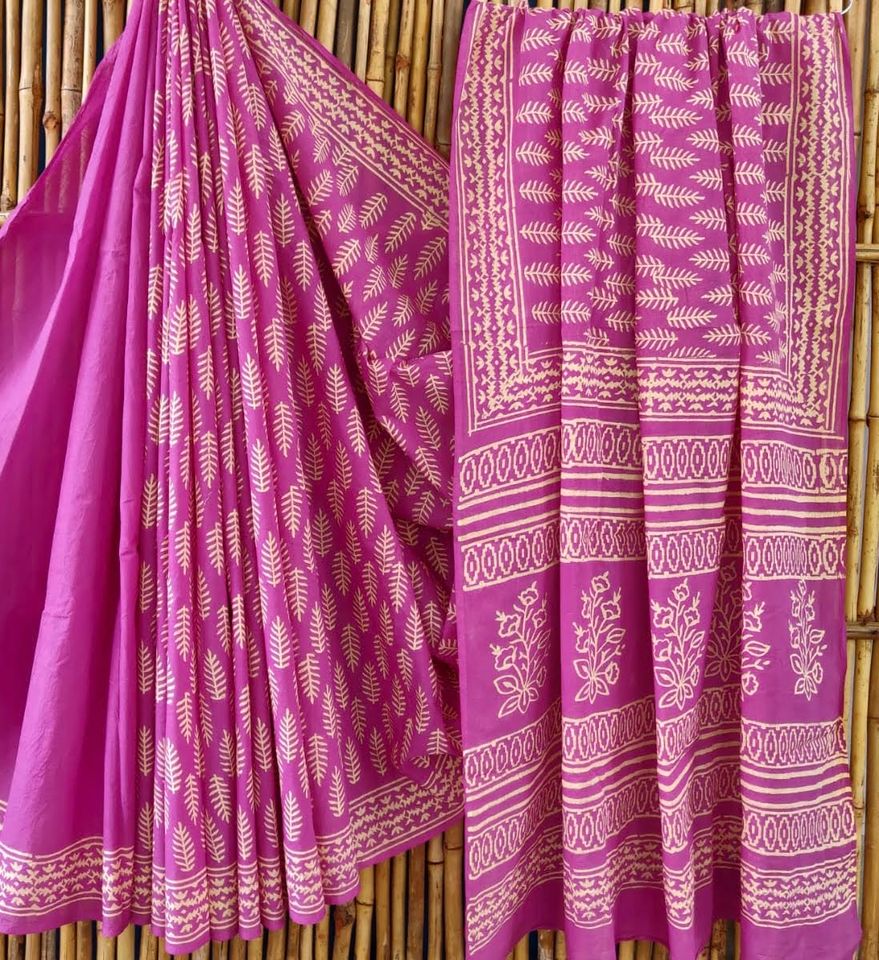 Mulmul Saree w/ Bagru Hand block Print- Pink