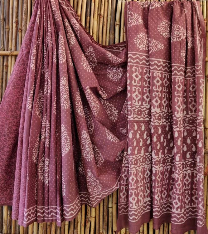 Mulmul Saree w/ Bagru Hand block Print- Mauve