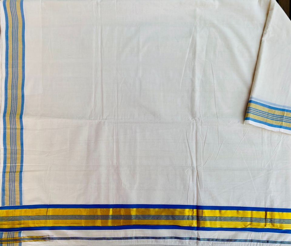 Kasavu Handloom Saree - Off White w/ Blue