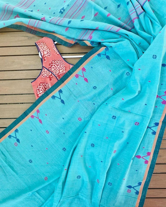 Muslin Jamdani Handloom Saree - Turquoise blue