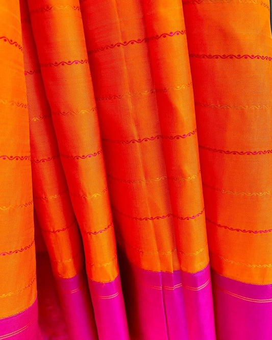 Kanjivaram Pure Silk Veldhari Saree - Orange w/ Mustard, Pink