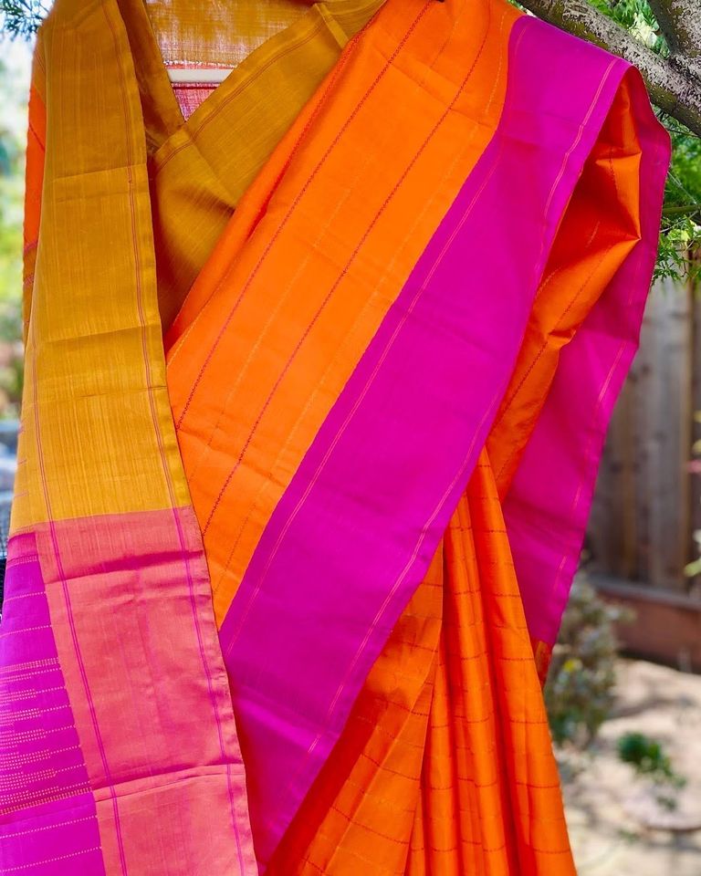 Kanjivaram Pure Silk Veldhari Saree - Orange w/ Mustard, Pink