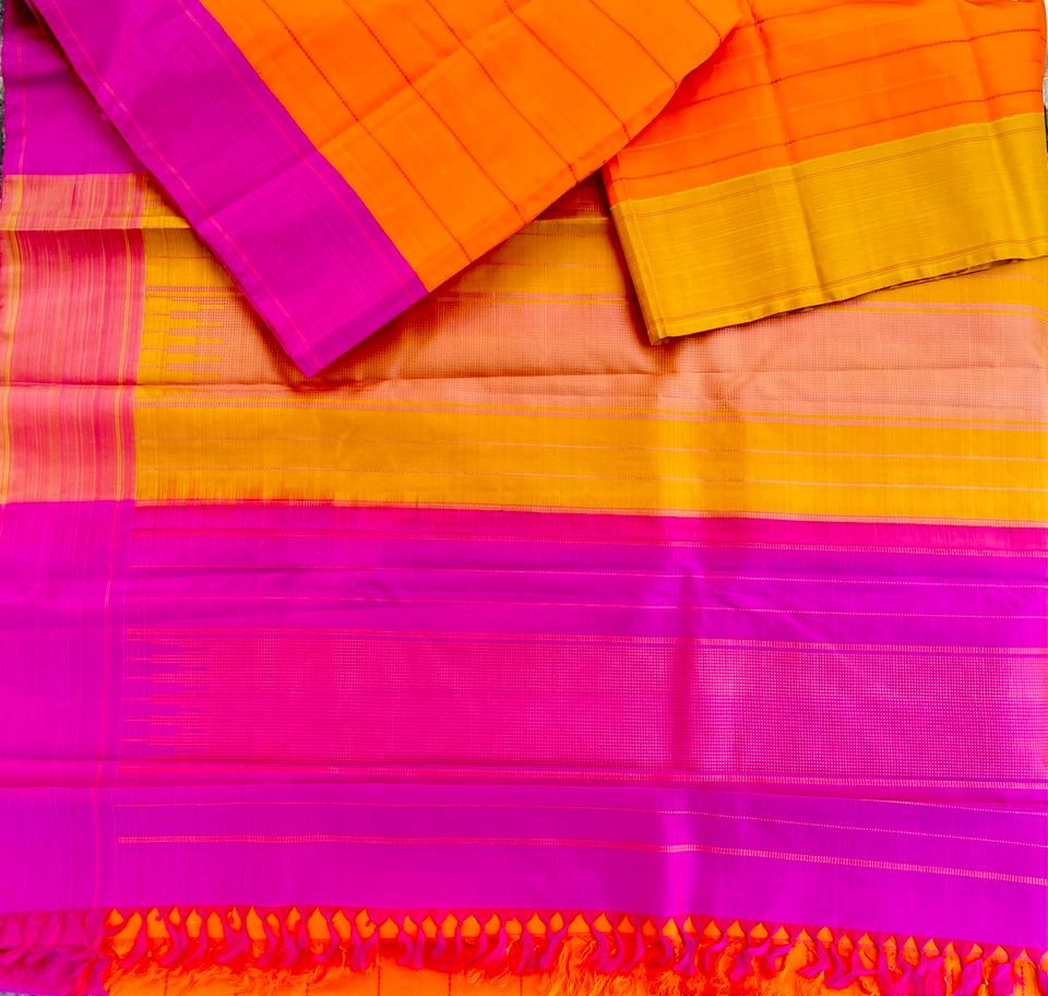 Kanjivaram Pure Silk Veldhari Saree - Orange w/ Mustard, Pink