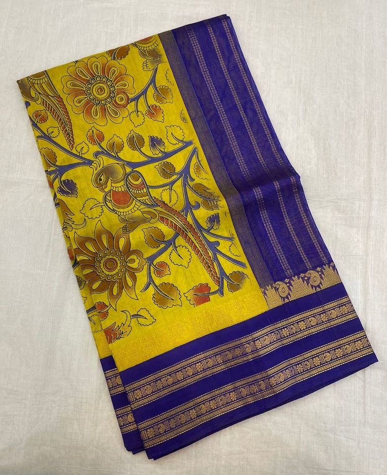 Kanjivaram Kalamkari Silk Cotton Saree Korvai Border -Yellow w/ Indigo