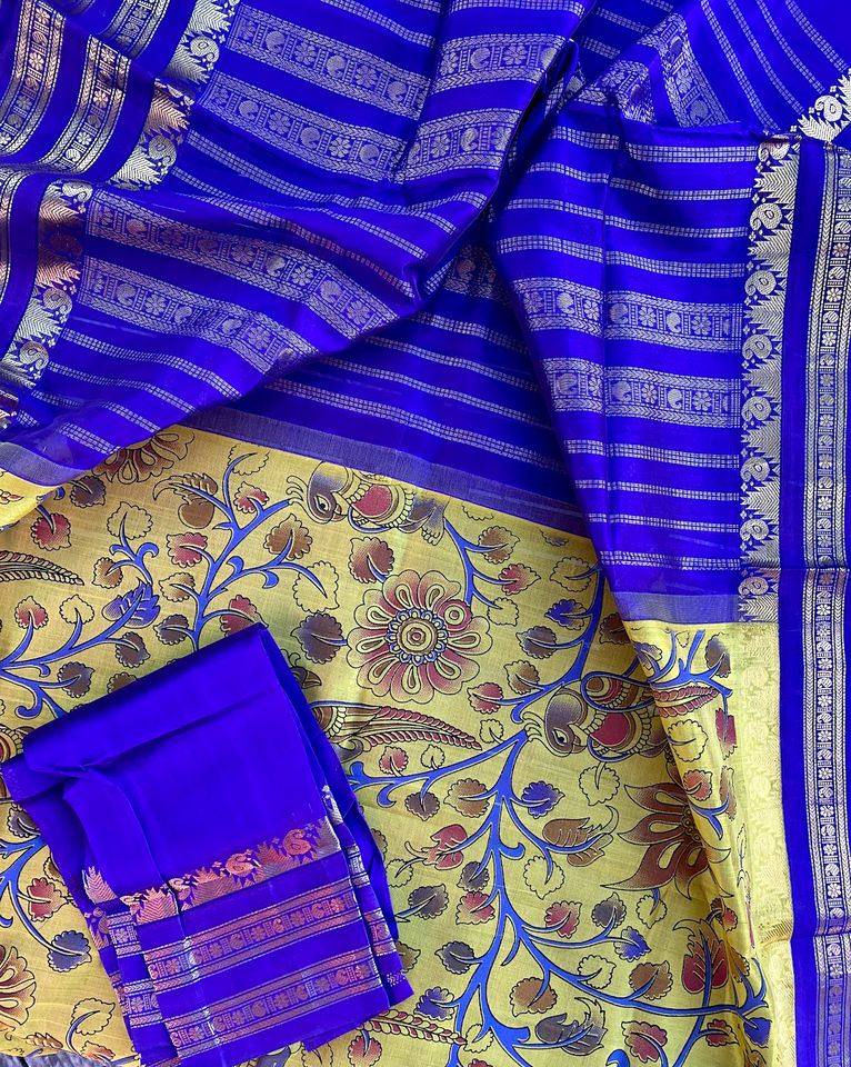 Kanjivaram Kalamkari Silk Cotton Saree Korvai Border -Yellow w/ Indigo